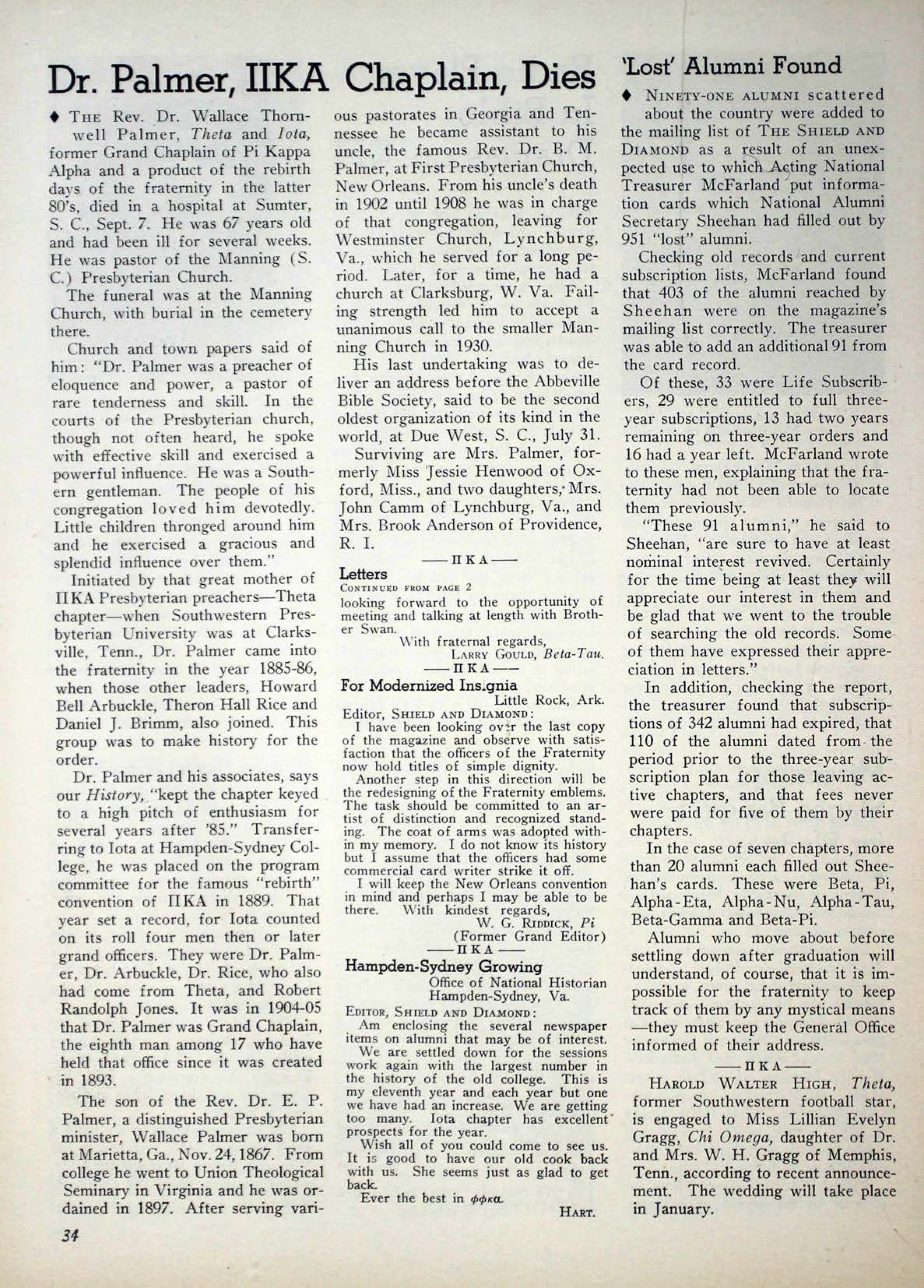 Dr. Palmer, Pi Kappa Alpha Chaplain, Dies